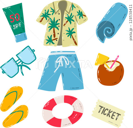 Vacation Essentials Illustrated in a Fun Cartoon Style with Beach Items. Vacation Essentials Illustrated in a Fun Cartoon Style with Beach Items. 128538411