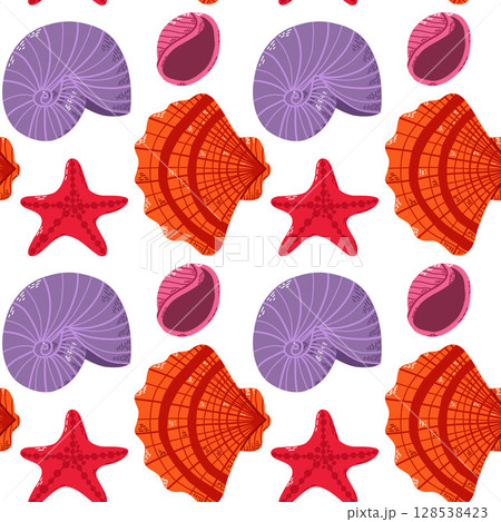 Seamless Pattern Featuring Colorful Sea Shells and Starfish on White Background 128538423
