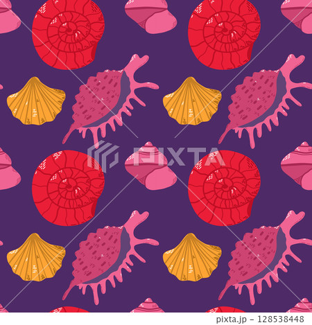 Colorful Seashell Pattern on Deep Purple Background for Beach-Themed Art Colorful Seashell Pattern on Deep Purple Background for Beach-Themed Art 128538448