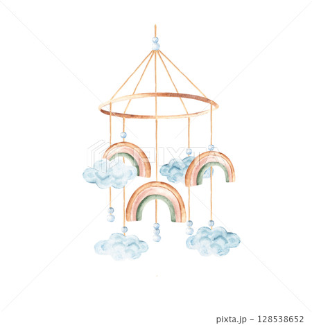Watercolor baby cradle Mobile with rainbows and clouds. Hand drawn illustration in pastel colors of kids hanging toy. For greeting cards, gender reveal party or baby shower invitations. 128538652