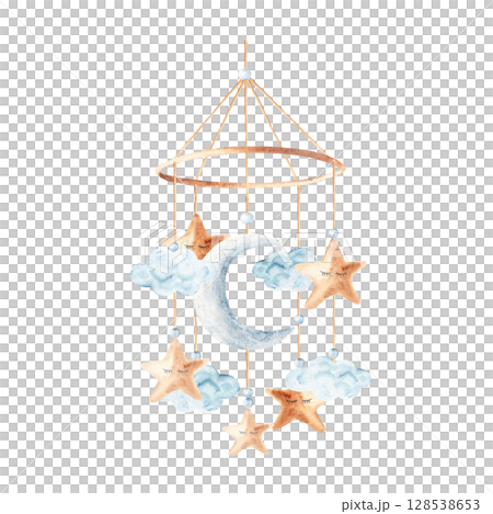 Watercolor baby cradle Mobile with moon, clouds and stars. Hand drawn illustration in pastel colors of kids hanging toy. For greeting cards, gender reveal party or baby shower invitations. 128538653