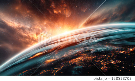 Stunning view of Earth from space, showcasing vibrant colors of sunrise over the horizon, with glowing city lights visible in the background 128538702