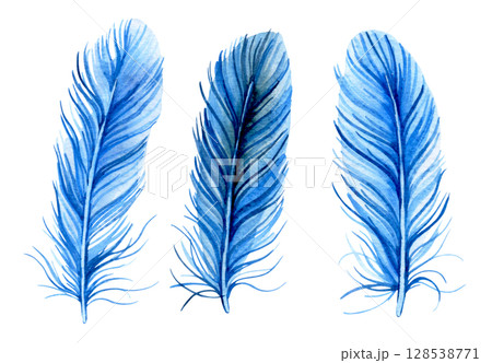 set of blue feathers. watercolor illustration set of blue feathers. watercolor illustration 128538771