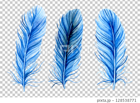 set of blue feathers. watercolor illustration set of blue feathers. watercolor illustration 128538771