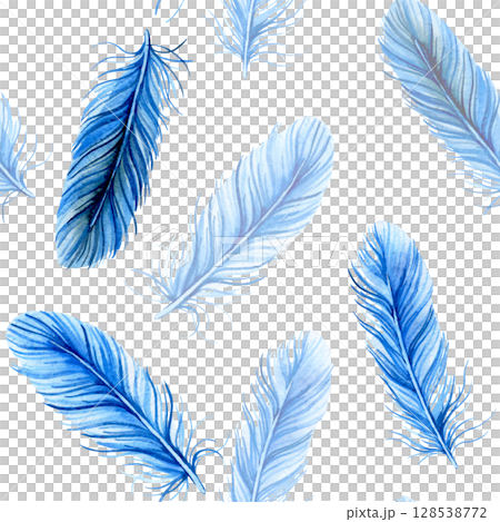 Seamless pattern of blue feathers. Watercolor illustration. 128538772