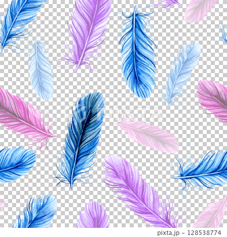 Seamless pattern of blue and pink feathers. Watercolor illustration. 128538774