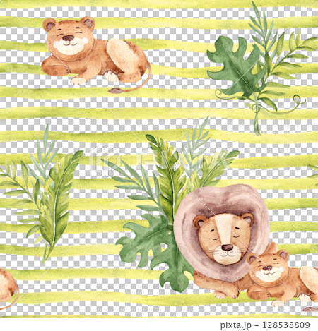 Watercolor seamless pattern with cute lion baby and adult and Tropical leaves on green striped background. Safari Animals hand drawn illustrations for kid textile prints, wallpaper and packaging paper Watercolor seamless pattern with cute lion baby and adult and Tropical leaves on green striped background. Safari Animals hand drawn illustrations for kid textile prints, wallpaper and packaging paper 128538809