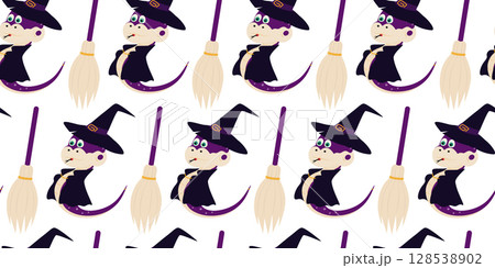 Halloween Snake in Witch Hat and cloak with broomstick Seamless Pattern Banner Format Halloween Fond 128538902