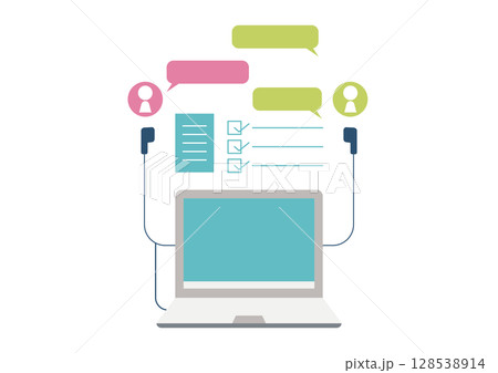 ノートパソコンとイヤホンと会話イメージ ノートパソコンとイヤホンと会話イメージ 128538914