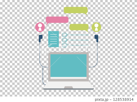 ノートパソコンとイヤホンと会話イメージ ノートパソコンとイヤホンと会話イメージ 128538914
