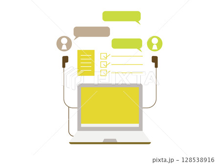 ノートパソコンとイヤホンと会話イメージ黄色 128538916