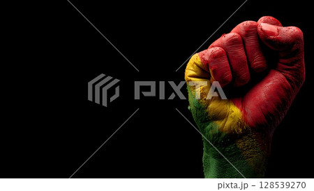Hand is clenched into a fist, proudly raised up, Pan-African colors, June 19th Juneteenth day, Kwanzaa. Red, black, yellow and green colors. Africa Day. 128539270