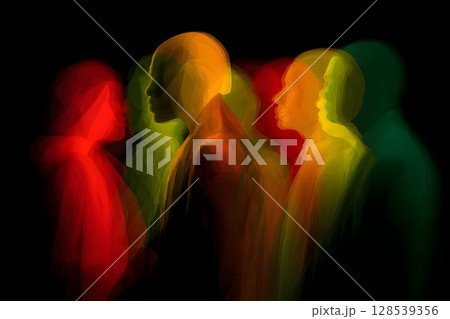 silhouettes shadows of people in Pan-African colors, June 19th juneteenth day, kwanzaa. Red, black, yellow and green colors. Africa Day. 128539356