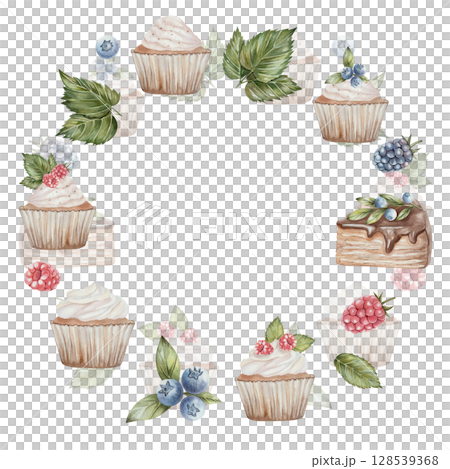 Round watercolor frame with sweet desserts cupcake with raspberry, chocolate cake slice with blueberry and blackberry. White background with space for text. Perfect for menus, cards, invitations. Round watercolor frame with sweet desserts cupcake with raspberry, chocolate cake slice with blueberry and blackberry. White background with space for text. Perfect for menus, cards, invitations. 128539368