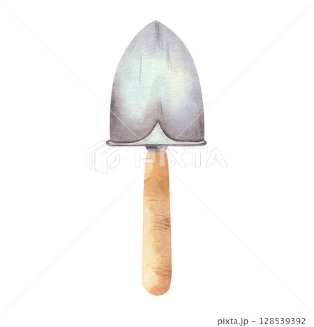 Garden shovel, small metal, with wooden handle, hand drawn in watercolor. Isolated on a white background. For design, postcards, magazines 128539392