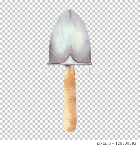 Garden shovel, small metal, with wooden handle, hand drawn in watercolor. Isolated on a white background. For design, postcards, magazines 128539392