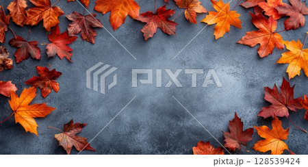 Vibrant Autumn Leaves on Concrete Background 128539424