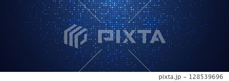 Digital pixels. Blue technology background with glowing squares on dark space. Abstract tech concept. Futuristic pattern with lighting elements for innovation or big data concept. Vector illustration Digital pixels. Blue technology background with glowing squares on dark space. Abstract tech concept. Futuristic pattern with lighting elements for innovation or big data concept. Vector illustration 128539696