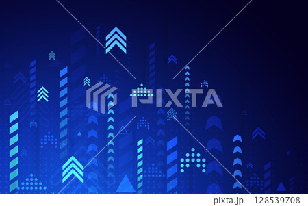 Business growth concept. Blue background with glowing arrows. Data technology template. Abstract geometric shapes and digital futuristic design. Finance or success theme. Vector illustration 128539708
