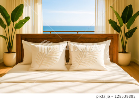 Cozy Hotel Room With Sea View, Wooden Bed And Luxury Bed Linen For Resort And Summer Vacation Visuals. Concept Of Relaxing Holidays, Beachfront Hotels, Travel Destinations, And Bed Linen Presentation 128539885