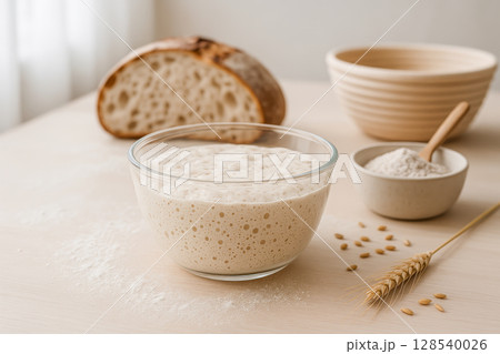 Sourdough Starter In Glass Bowl With Flour, Wheat, And Fresh Bread On Table For Artisan Baking Visuals. Concept Of Natural Fermentation, Homemade Bread, Traditional Recipes, And Slow Food Movement 128540026