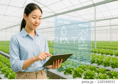 Woman Using Digital Tablet With Smart Farming Dashboard In Greenhouse For AgriTech And Sustainability Visuals. Concept Of Precision Agriculture, Soil Monitoring, Data-Driven Farming, And Eco Food Prod Woman Using Digital Tablet With Smart Farming Dashboard In Greenhouse For AgriTech And Sustainability Visuals. Concept Of Precision Agriculture, Soil Monitoring, Data-Driven Farming, And Eco Food Prod 128540031