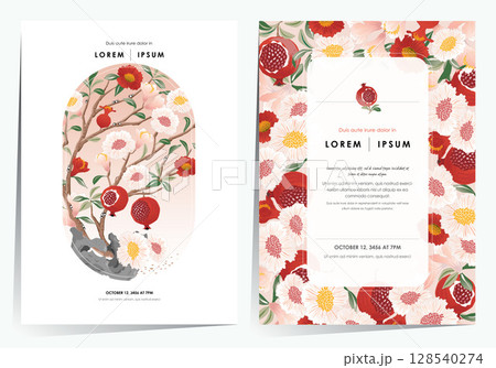 Vector Illustration template set of a Flowering and Fruiting Pomegranate Tree in Traditional Korean Minhwa Style. Vector Illustration template set of a Flowering and Fruiting Pomegranate Tree in Traditional Korean Minhwa Style. 128540274