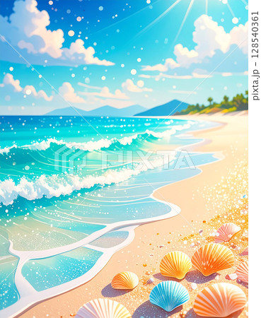 アニメ風の夏の海辺と砂浜と貝殻 アニメ風の夏の海辺と砂浜と貝殻 128540361