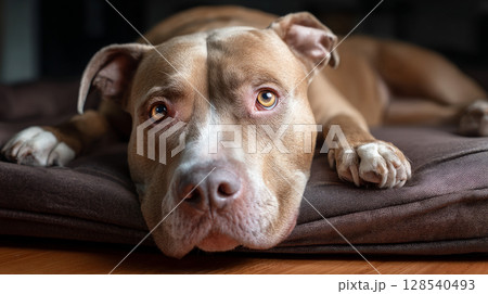 Cute fat dog sad because excess weight. Modern problem of obesity in pets due to overfeeding with food and treats. Concept diet and fight against excess weight in dogs and awareness of animal health 128540493
