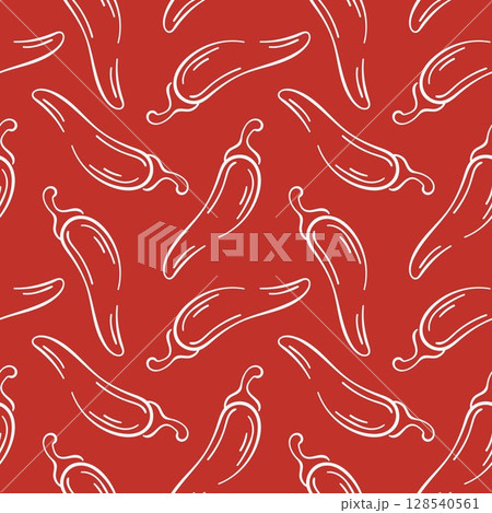 Seamless pattern of red chili pepper in line art style on red background. Perfect for spice package, kitchen wallpaper and culinary book. Seamless pattern of red chili pepper in line art style on red background. Perfect for spice package, kitchen wallpaper and culinary book. 128540561