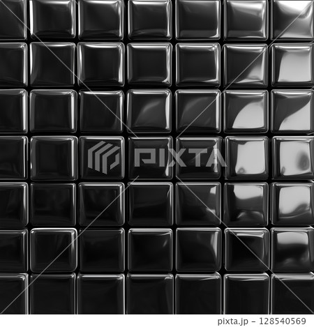 光沢のある黒いスクエアタイル壁|高級感と清潔感を演出する背景素材 光沢のある黒いスクエアタイル壁|高級感と清潔感を演出する背景素材 128540569
