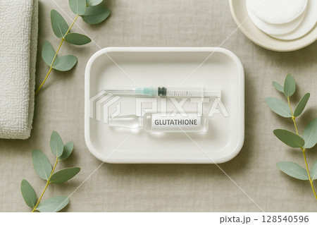 Glutathione Ampoule And Syringe On White Tray With Towels And Eucalyptus Leaves For Aesthetic Medicine Visuals. Concept Of Skin Brightening, Detox Therapy, Anti-Aging Treatments, And Wellness Clinics 128540596