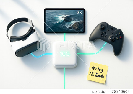 10G Internet Router Connected To VR Headset, Game Controller, And 8K Screen For High-Speed Entertainment Visuals. Concept Of Ultra-Fast Connection, Cloud Gaming, And Streaming Without Limits 128540605