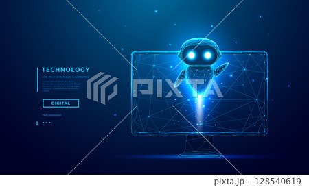 Abstract Tech AI Agent, Chatbot are Flying of Computer Monitor Screen 128540619