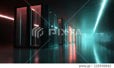 Server Racks and Cabinets full of Hard Drives inside Large Data Center. Advanced Cloud Computing Concept. AI-powered data center, glowing servers, sleek minimal design, futuristic atmosphere 128540682