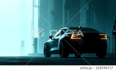 Black modern car headlights - front view. Silhouette of black sports car with headlights on black background in furry style. 128540717