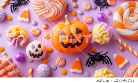 Playful flat lay of Halloween sweets in pastel tones with smiling pumpkins and cute spiders perfect for seasonal content or candy-themed marketing 128540718