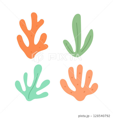 Colorful seaweed and coral collection in soft orange, mint, and green tones, perfect for ocean pattern design, aquarium graphics, or sea life themes Colorful seaweed and coral collection in soft orange, mint, and green tones, perfect for ocean pattern design, aquarium graphics, or sea life themes 128540792
