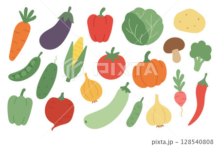 Fresh flat-style vegetable mix including carrot, corn, broccoli, and eggplant. Great for healthy food graphics, farm market art, and nutrition posters 128540808