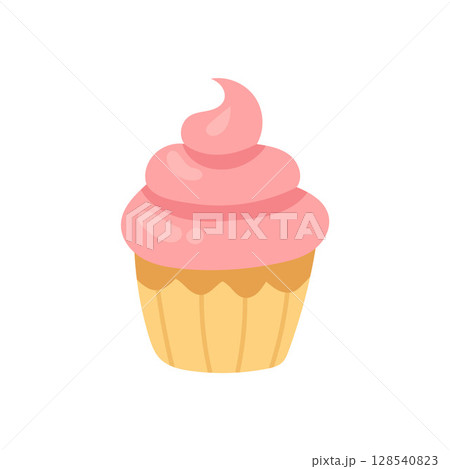Sweet pink frosted cupcake in soft pastel colors. Perfect for dessert-themed designs, bakery ads, and cute food illustrations for kids Sweet pink frosted cupcake in soft pastel colors. Perfect for dessert-themed designs, bakery ads, and cute food illustrations for kids 128540823