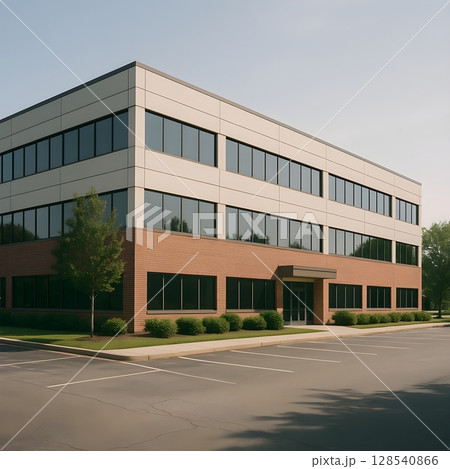 レンガと白い外装が特徴の郊外型オフィスビルと駐車場 128540866