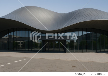 曲線屋根が特徴的な現代建築のファサード – 都市景観に映えるデザイン施設 128540867