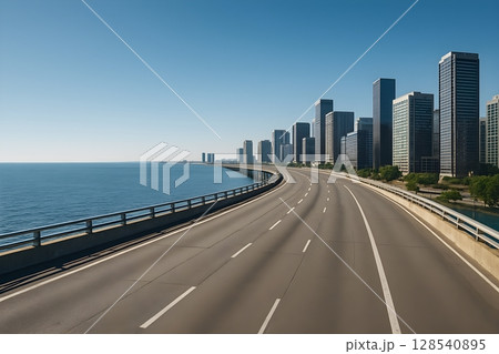 海沿いを走る都市高速道路と高層ビル群のパノラマ 128540895