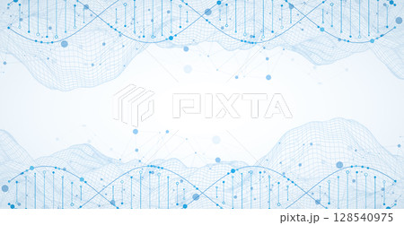 Abstract image of DNA molecule on wireframe wave. Scientific vector background. Abstract image of DNA molecule on wireframe wave. Scientific vector background. 128540975