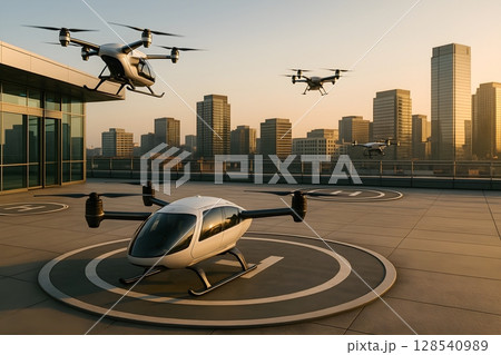 都市型ヘリポートに停機中のエアタクシーと垂直離着陸ドローン 128540989
