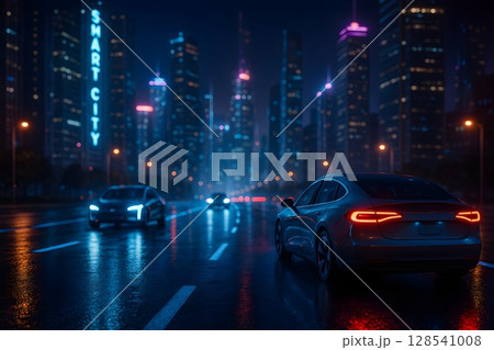 スマートシティの夜景と走行する自動運転車の未来的風景 128541008