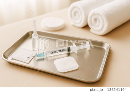 Hyaluronic Acid Syringe And Ampoule On Tray With Towels And Pads In Aesthetic Clinic For Skincare Treatment Visuals. Concept Of Beauty Injections, Anti-Aging Procedures, Facial Fillers, And Modern Cos 128541164