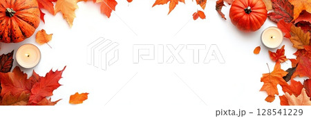 Autumn Flat Lay with Pumpkins, Candles, and Leaves 128541229