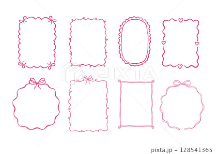 Cute hand drawn frame with ribbon and bow for wedding card or valentine menu. Pink whimsical border and decorative line by coquette doodle style. Perfect bachelorette party invitations Cute hand drawn frame with ribbon and bow for wedding card or valentine menu. Pink whimsical border and decorative line by coquette doodle style. Perfect bachelorette party invitations 128541365