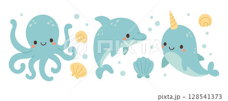 Joyful narwhal, dolphin, and octopus swim through floating shells and bubbles, great for aquatic fantasy illustrations, whale decor, and ocean-themed kids art Joyful narwhal, dolphin, and octopus swim through floating shells and bubbles, great for aquatic fantasy illustrations, whale decor, and ocean-themed kids art 128541373